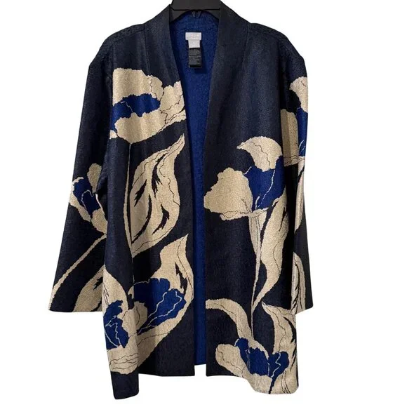 Chicos Travelers Reversible Open Front Jacket With Floral/Solid Design Size 16/1 - Picture 12 of 12